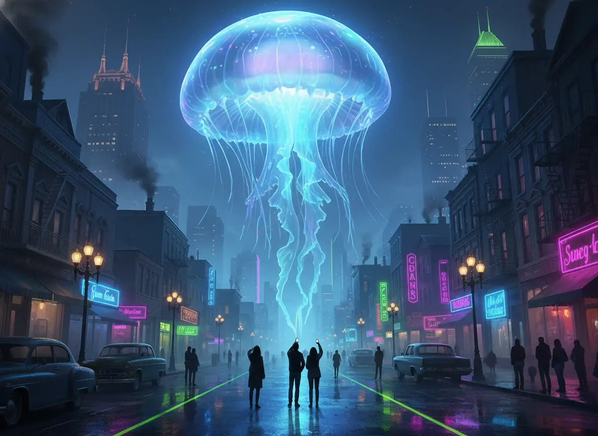 A giant glowing jellyfish floating above a quiet city street at night