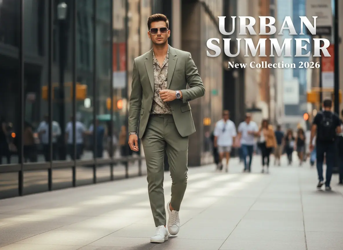 A modern fashion promo poster featuring a stylish young man walking in the city