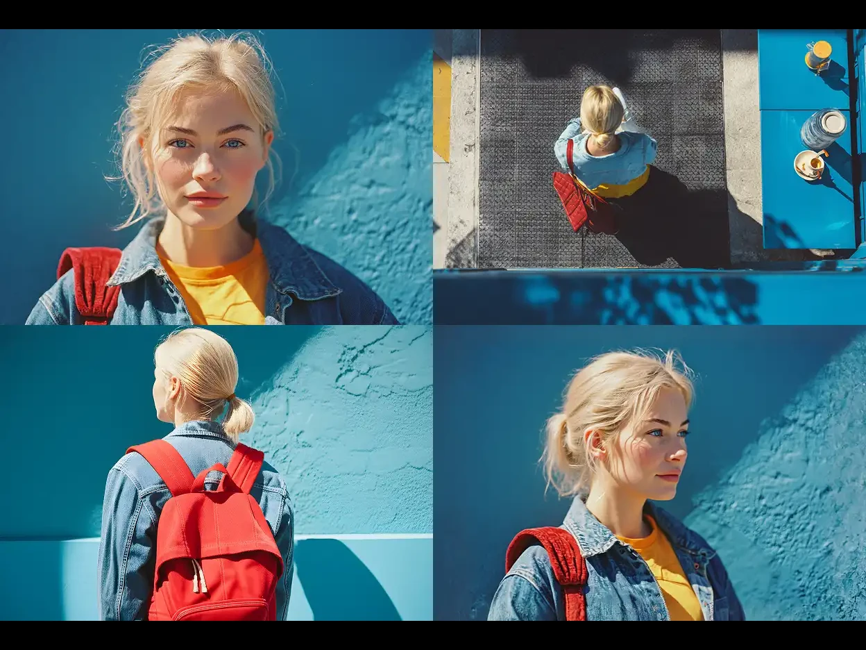 four perspectives of a blonde woman carrying a red backpack next to a blue wall