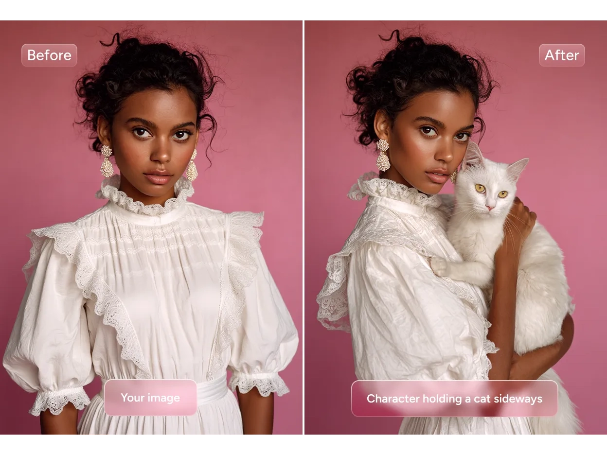 before and after comparison of adding a cat to the hands of a woman in a white dress