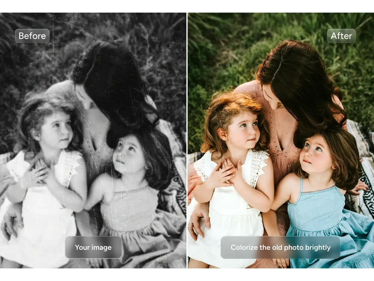 before and after effects of coloring an old group photo brightly with nano banana