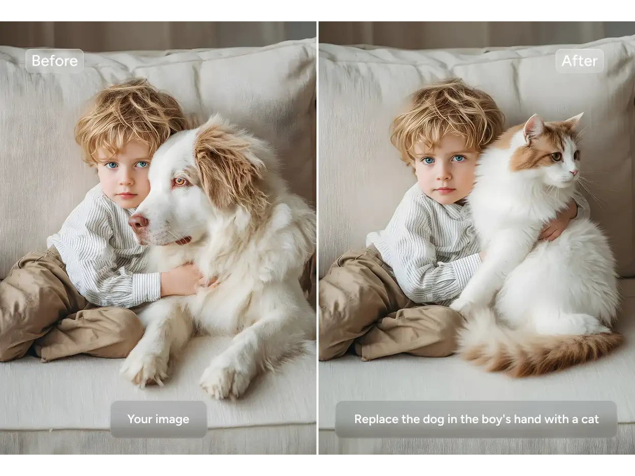 before and after effects of using text prompt to replace the white dog next to the boy with a cat