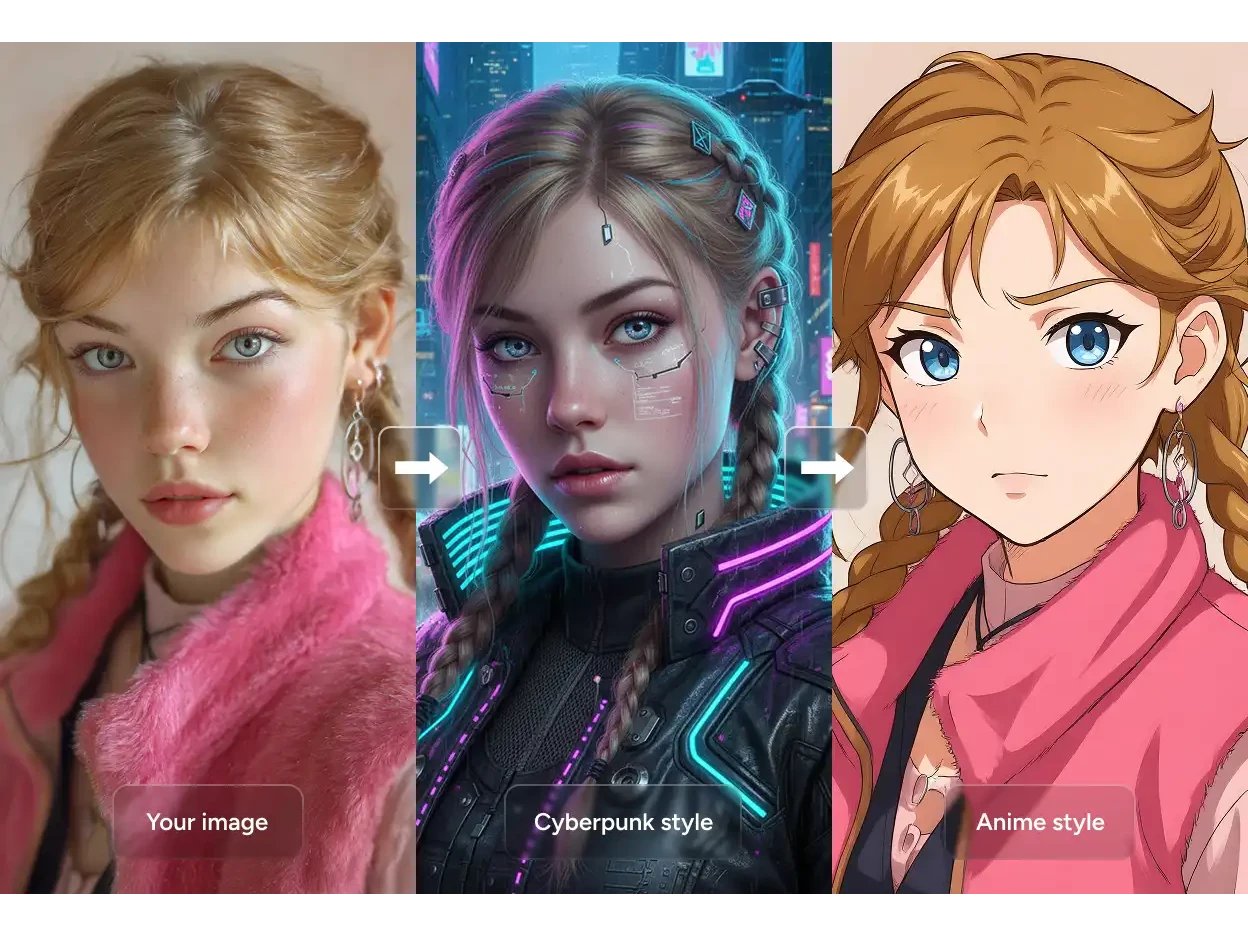 results of transforming a girl's image into cyberpunk-style and anime-style with nano banana ai