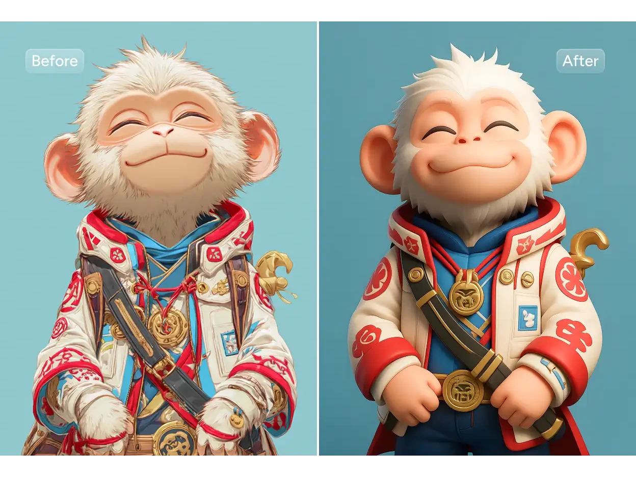 before and after comparison of transforming a smiling 2d cartoon monkey into a 3d effect