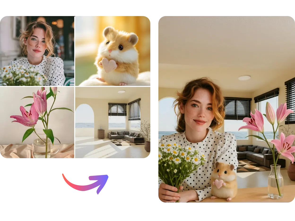 effect of combining the woman, lily, hamster doll, and background from four different photos into one picture