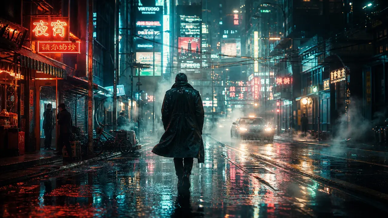 A lone traveler walking through a neon-lit rainy street at night