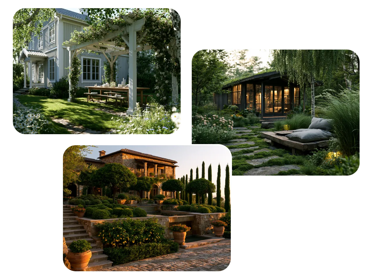 three images of beautiful houses with gardens and lawns
