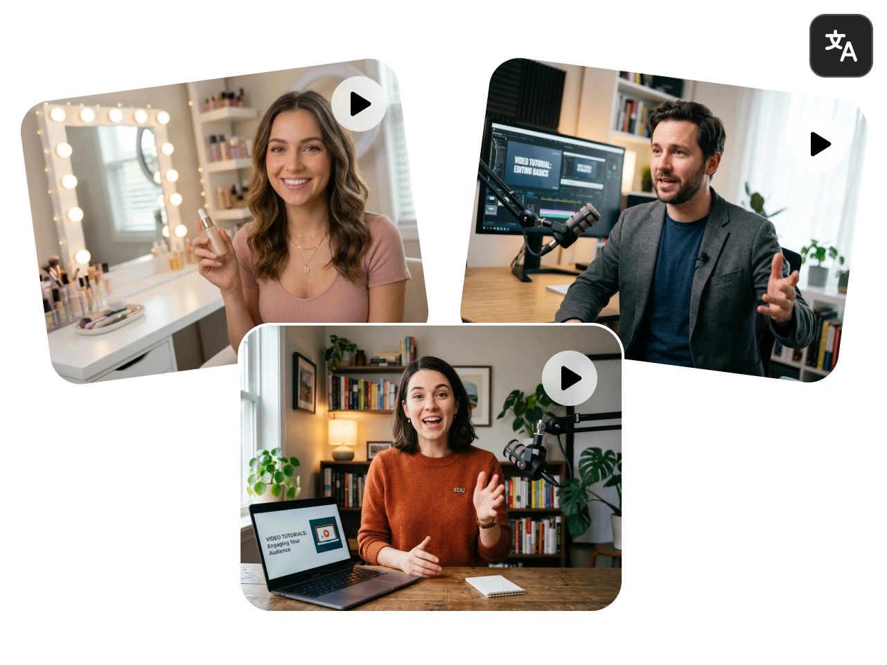 three video thumbnails featuring online content creators