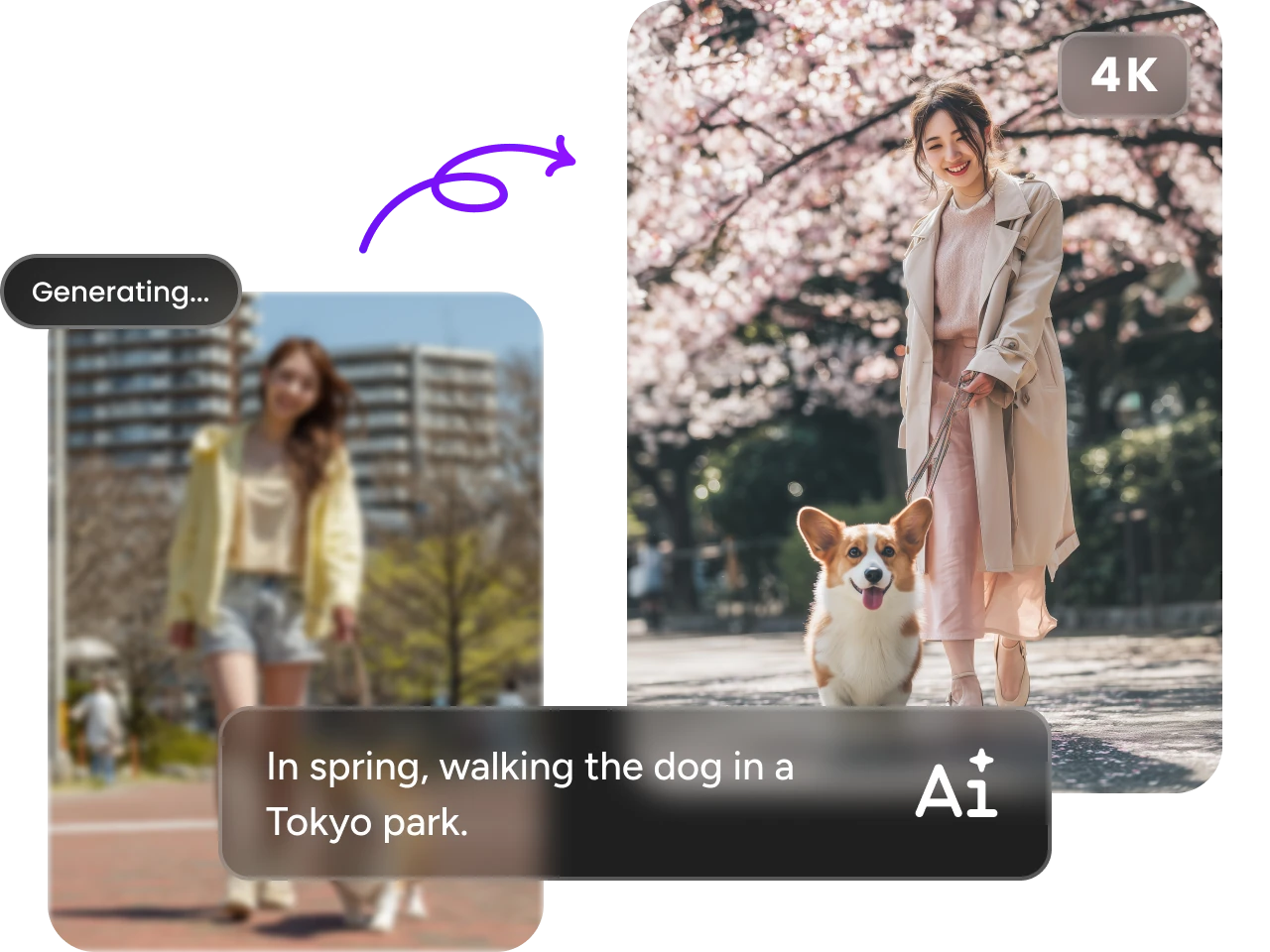 ai generating a 4k image of a woman walking a dog in tokyo