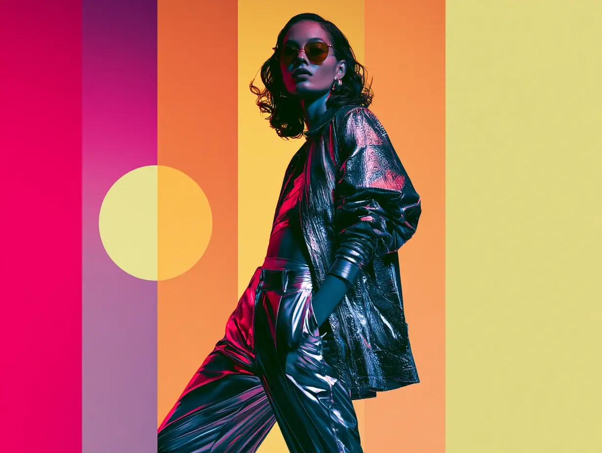 Um pôster de moda marcante com uma modelo em streetwear metálico