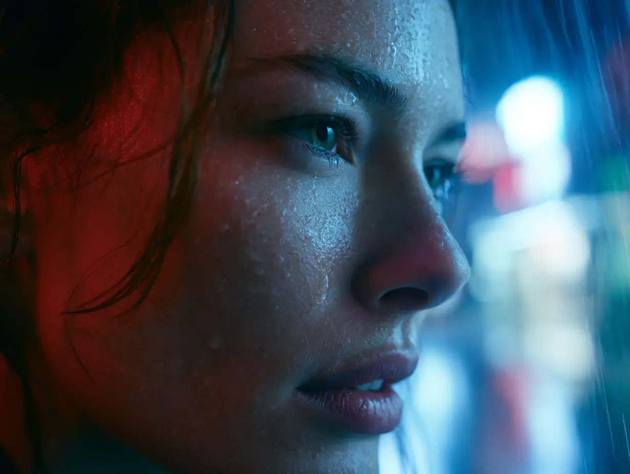 Um retrato cinematográfico em close-up de uma jovem em pé sob uma chuva de néon