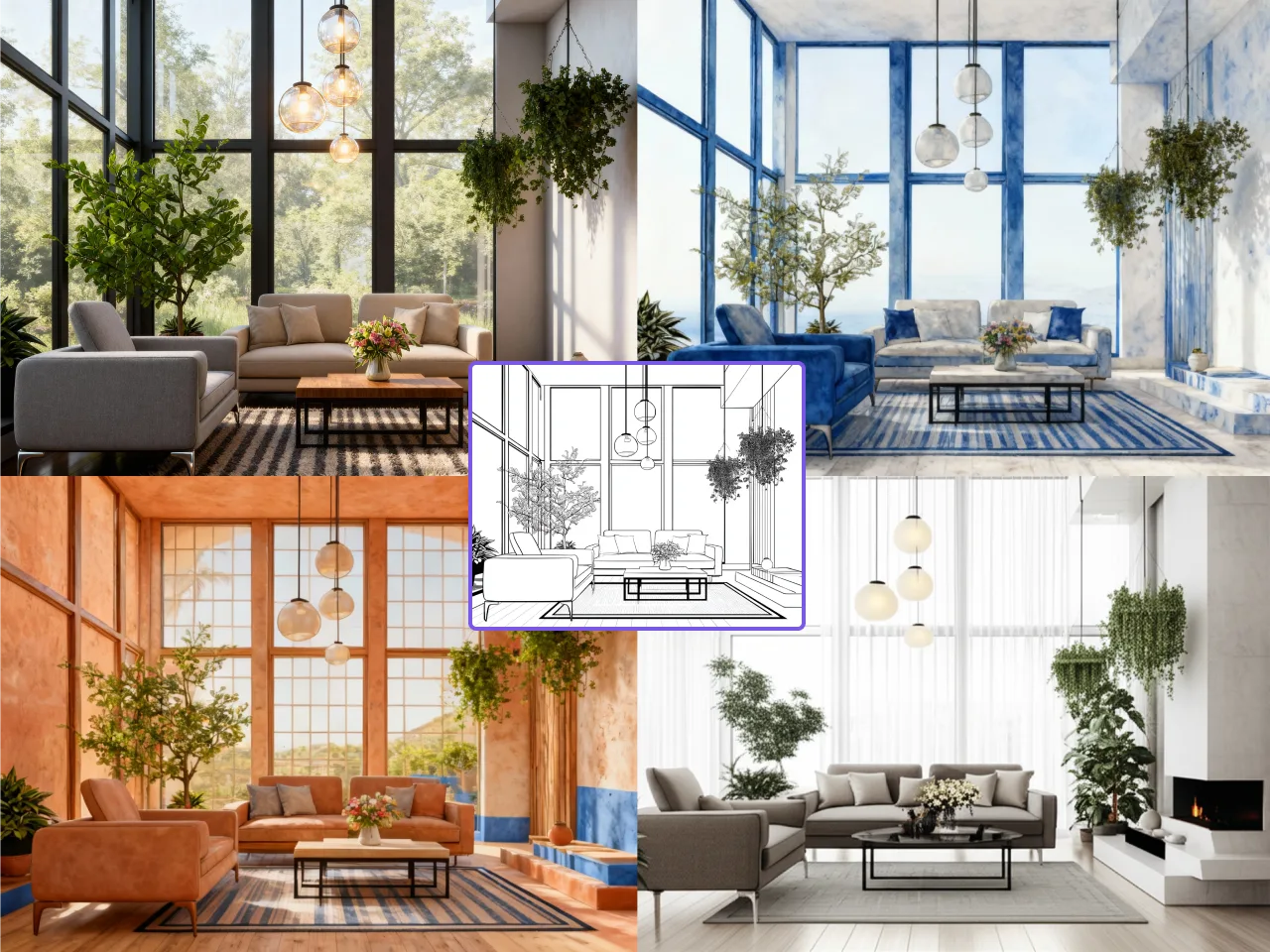 usando o gerador de imagens com ia midjourney foram criadas 4 visualizações de interiores diferentes a partir de um esboço