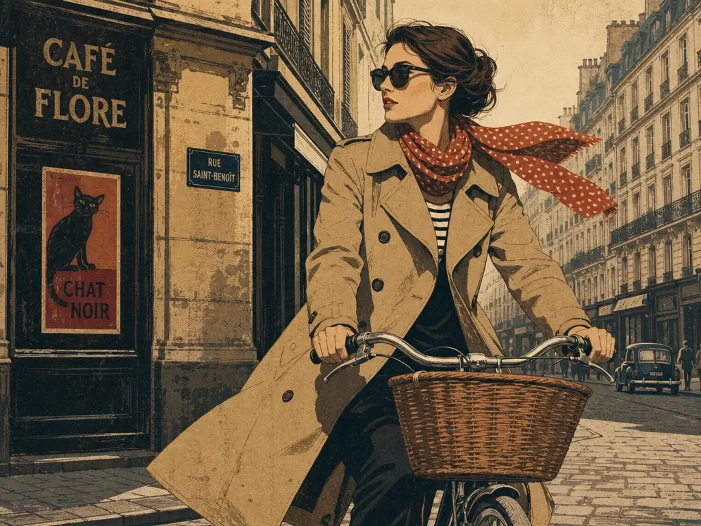ヨーロッパ風の街並みを自転車で走る女性を描いたレトロテイストのアートイラスト