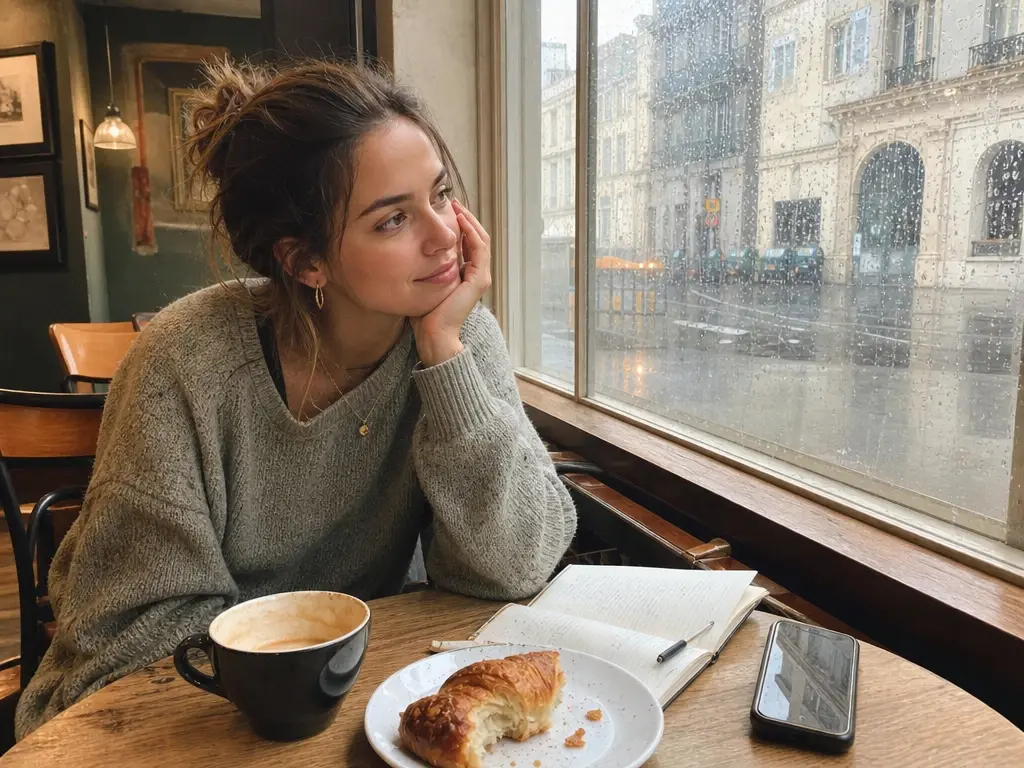 Spontanes Smartphone-Foto einer stylischen jungen Frau, die an einem regnerischen Nachmittag am Fenster in einem gemütlichen Café sitzt