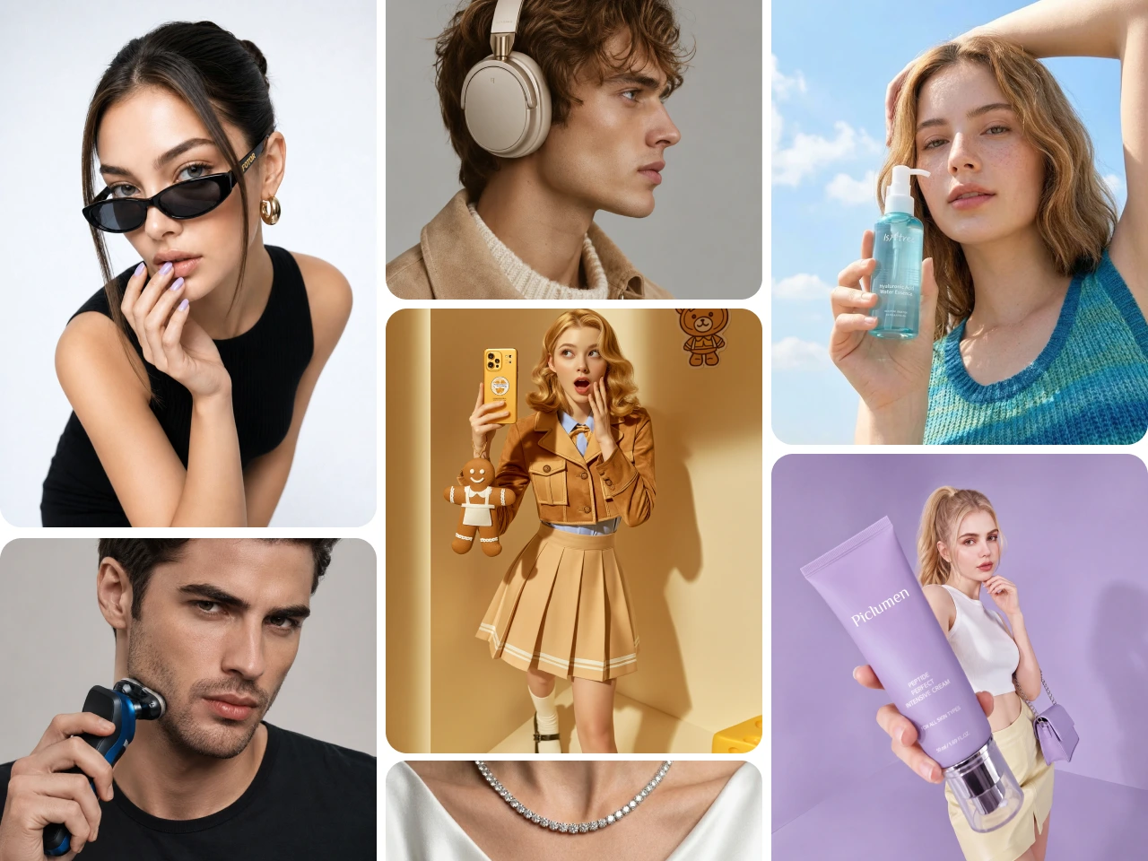 a collage of various AI-generated lifestyle and commercial product model photos
