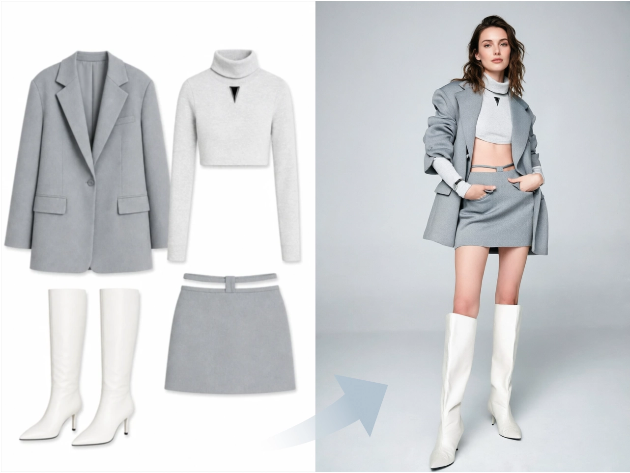 an ai fashon model wearing grey blazer set and white boots
