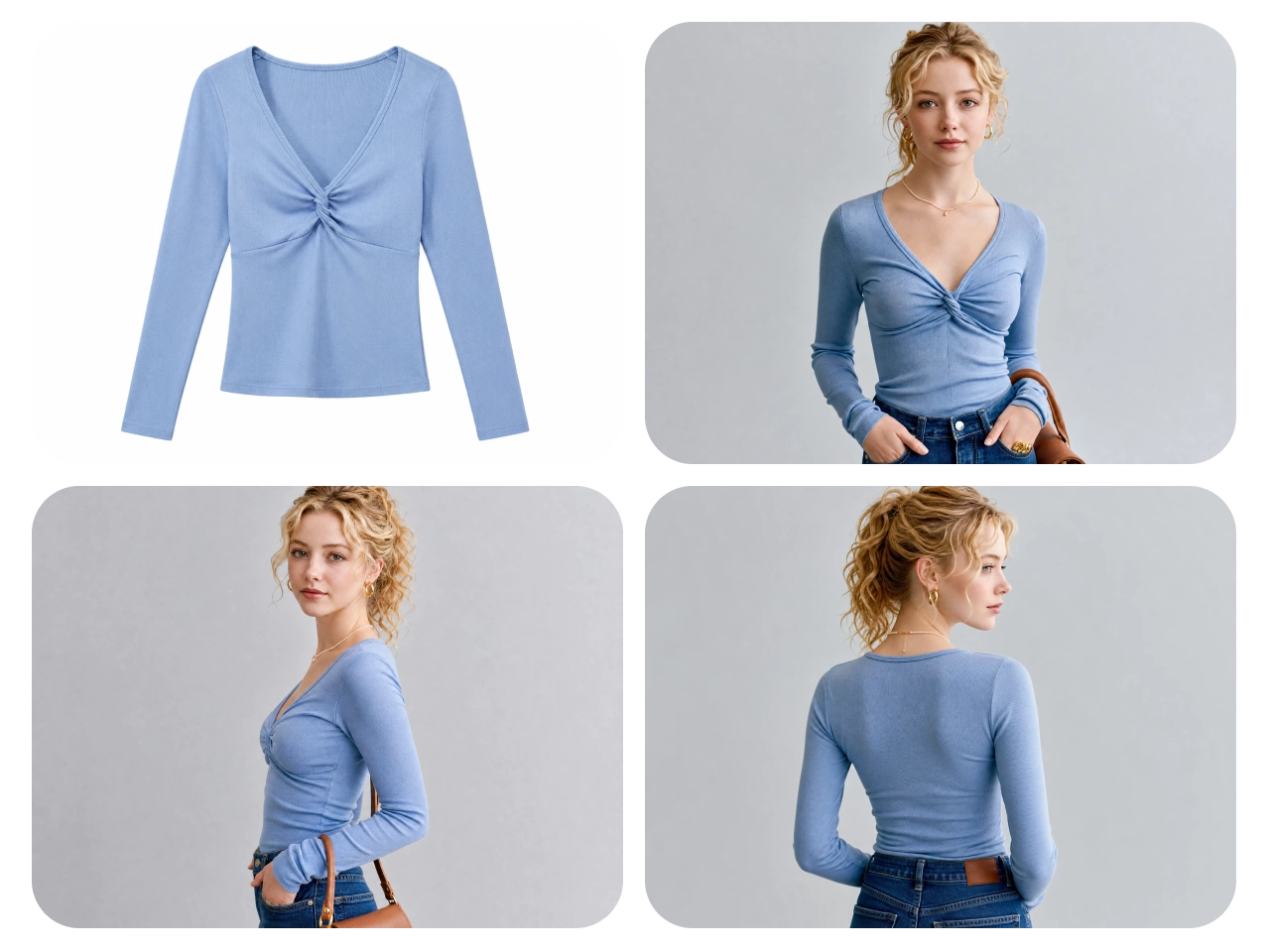 flat lay and multi-angle model views of a light blue twist-front long sleeve top

