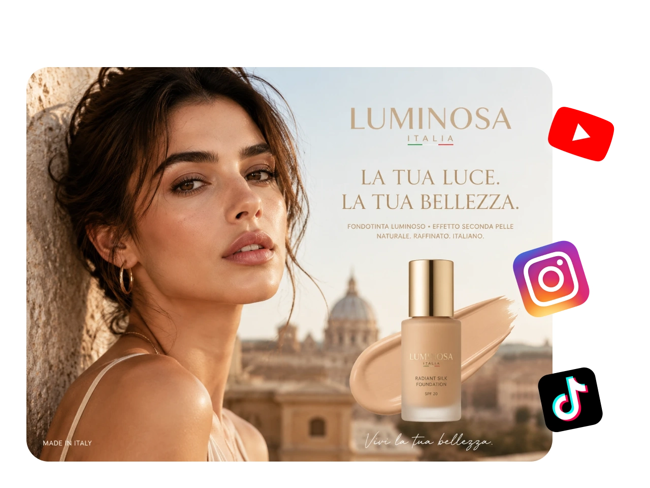 a beauty ad for the foundation, showing a glowing model and liquid makeup product shot