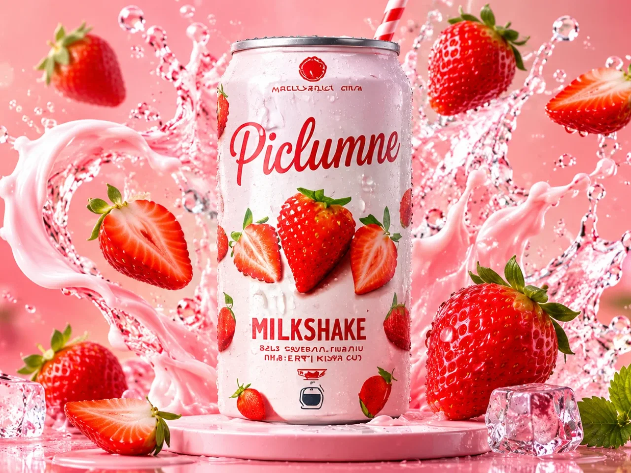 a pink can of strawberry milkshake with fresh strawberries and splashing milk