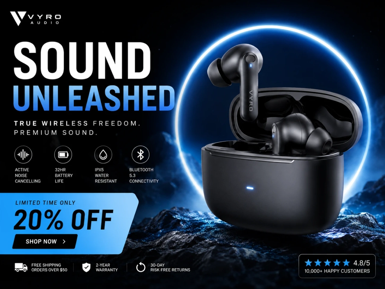 a promotional banner for black wireless earbuds and charging case