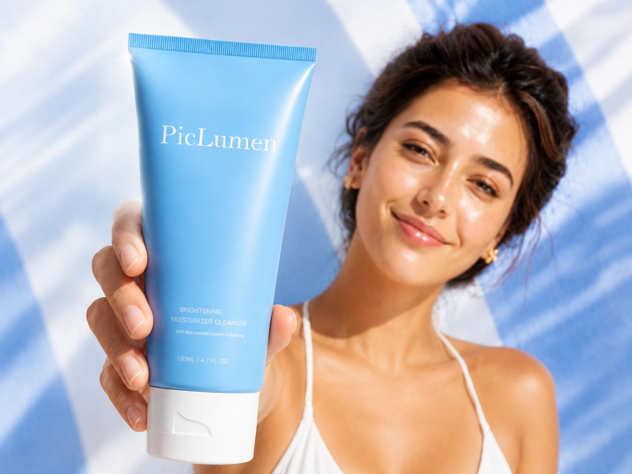 a woman holding a light blue skincare tube outdoors