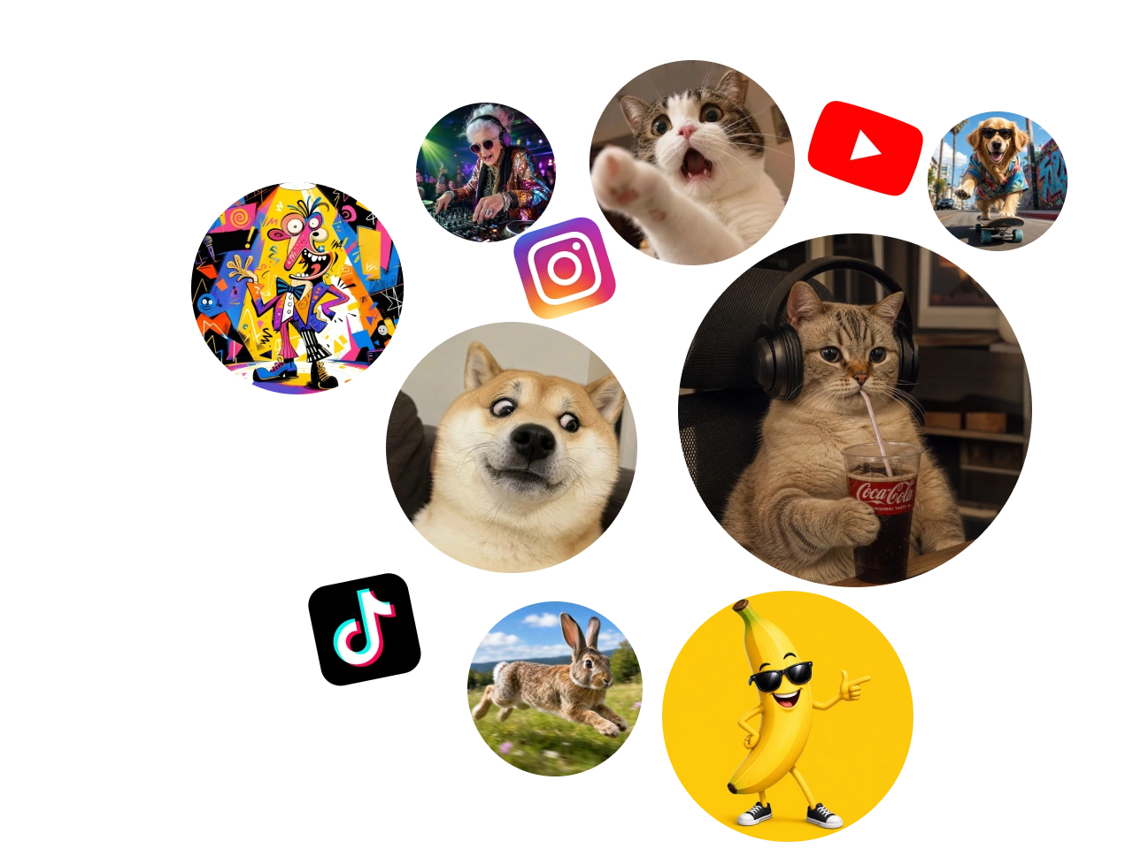 a collection of round stickers of memes and social media logos