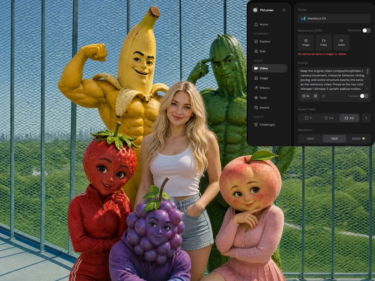 a smiling woman poses outdoors surrounded by fruit and vegetable characters