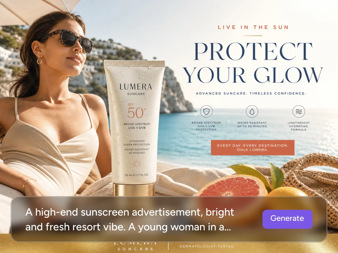a sunscreen ad featuring a model in sunglasses with a sunny coastal beach background