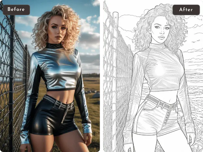 before and after comparison of converting a fashion woman portrait into sketch