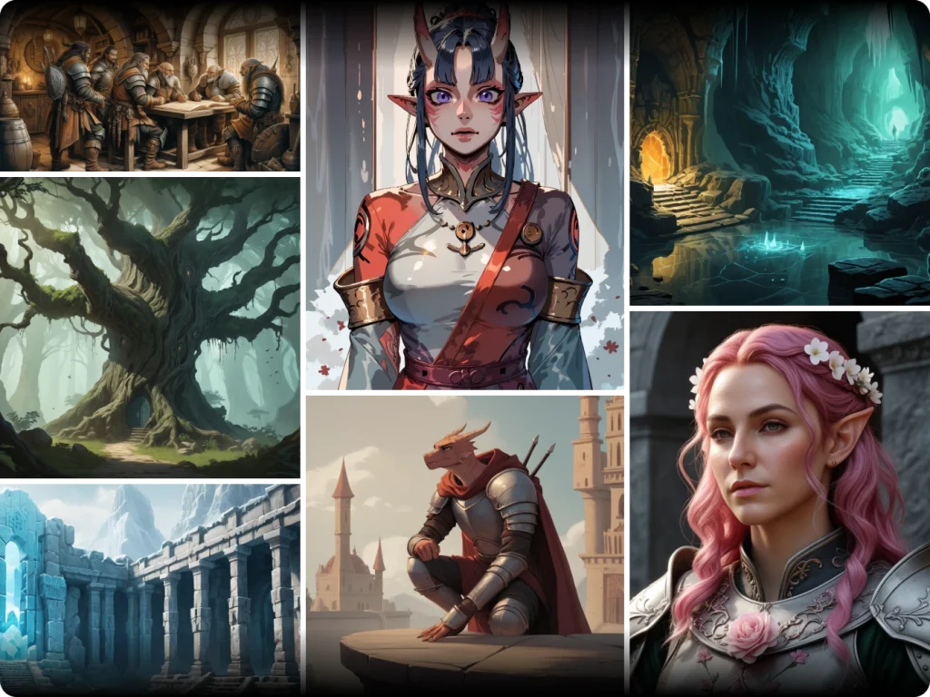 AI-generated DnD art images, featuring custom characters and fantasy assets.