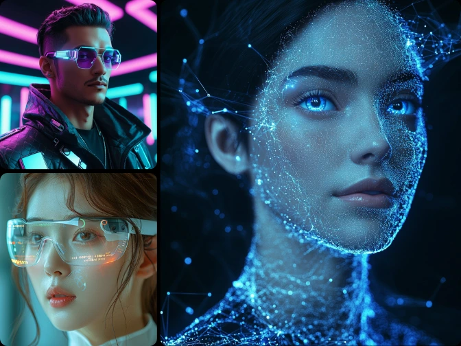 Futuristische 3D-Avatar-Porträts mit Cyberbrillen und digitalen Metaverse-Gesichtseffekten