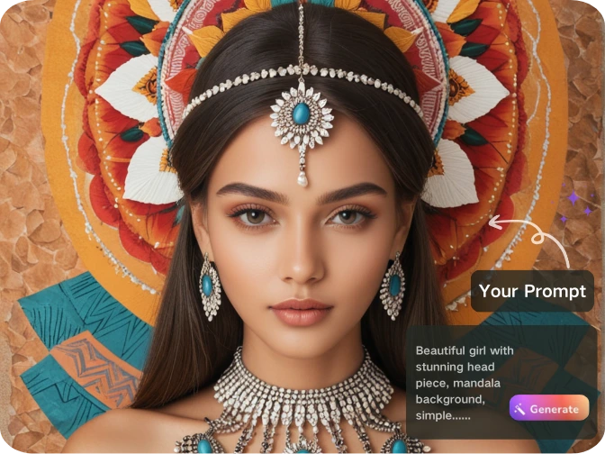 KI-generiertes Porträt einer schönen Frau mit aufwendigem Schmuck und farbenprächtigem Mandala-Kopfschmuck