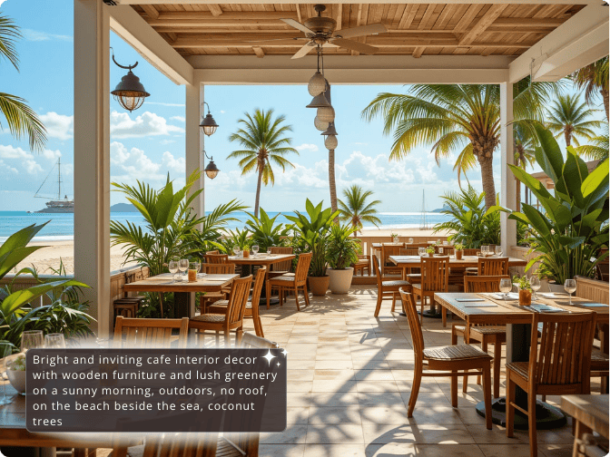 Tropisches Strandcafé-Interior mit Holzmöbeln, Palmen und Meerblick