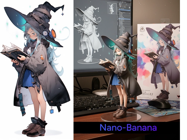 antes y después de usar Nano Banana para crear una figura de bruja a partir de una imagen