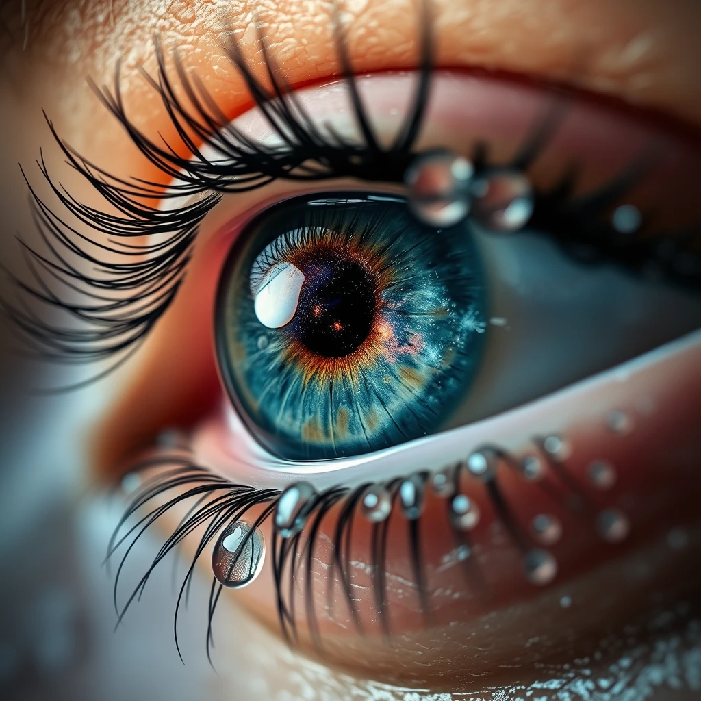 Makroaufnahme eines realistischen blauen Auges mit langen Wimpern und Wassertropfen