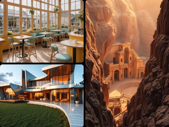 KI-Architektur-Collage mit modernem Café, Luxusvilla und antikem Steintempel