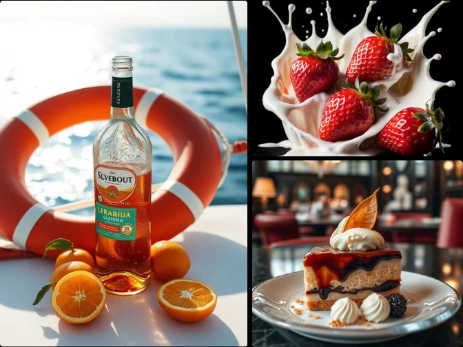Realistische Food- und Drink-Collage mit Orangengetränk, Erdbeeren und Dessert