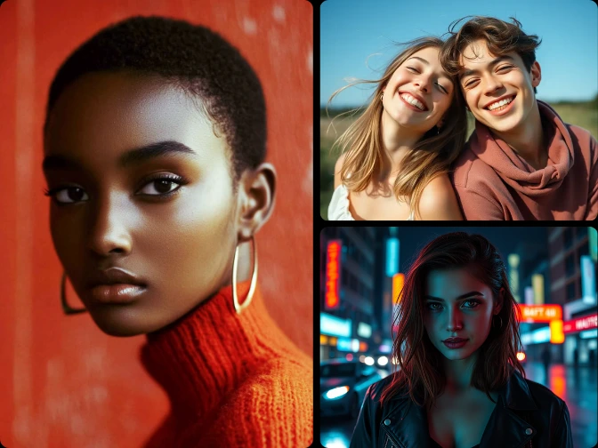 Collage de retratos con IA que muestra moda, estilo de vida en pareja y fotografía de ciudad neón