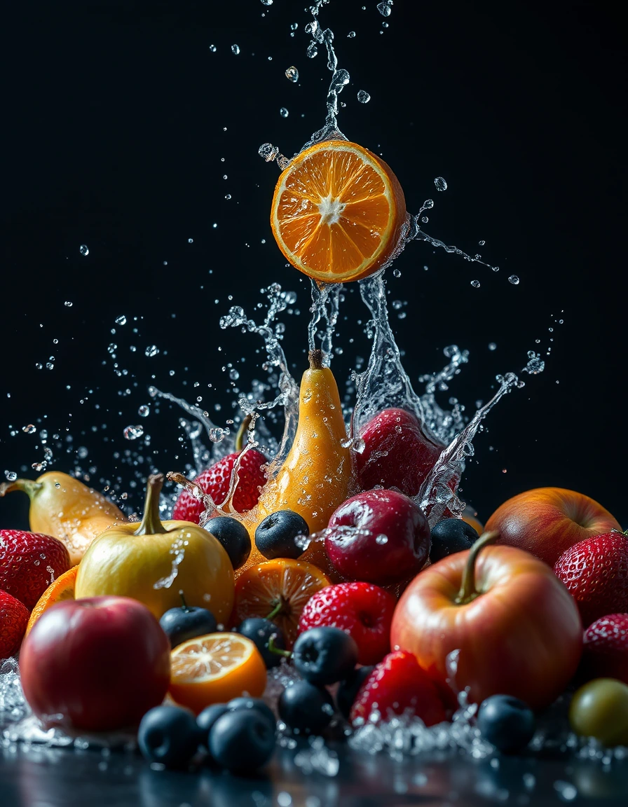 Fresh fruit splash with oranges, apples, berries, and water droplets on dark background