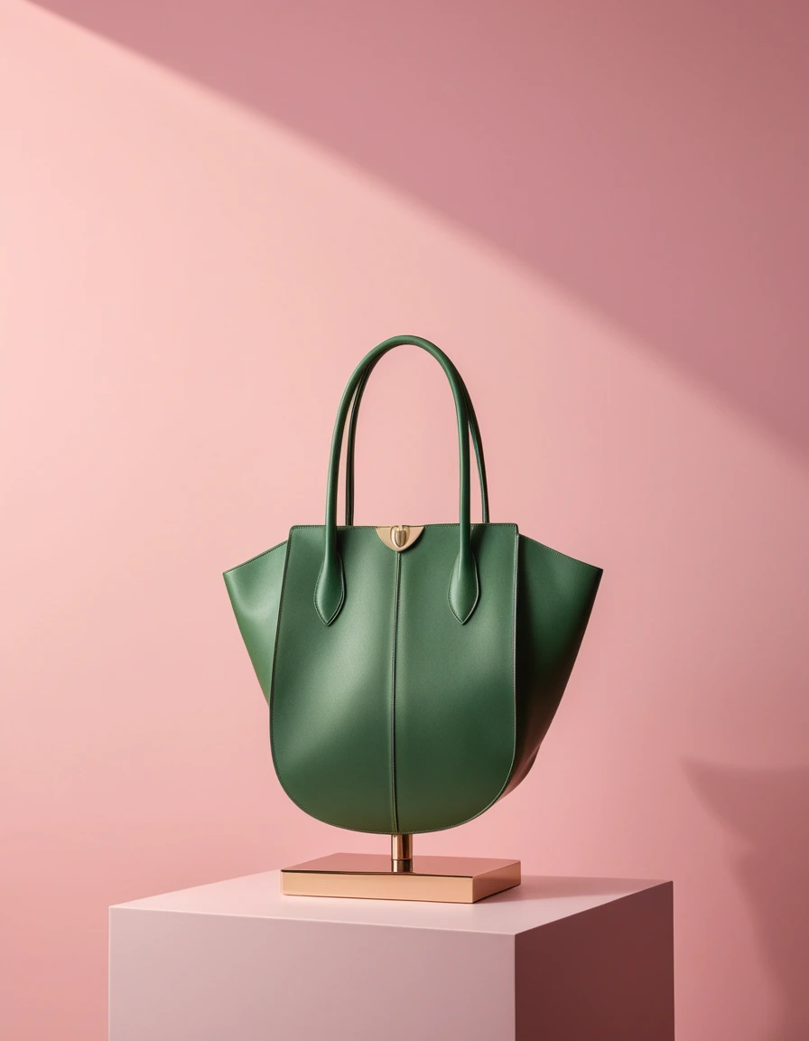 Luxuriöse grüne Handtasche auf einem rosa Podest mit weichem Studio-Licht