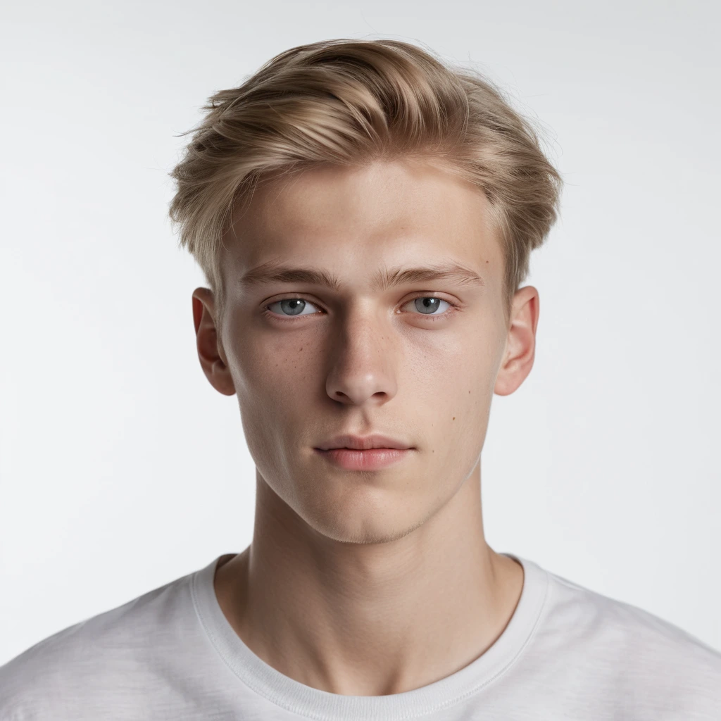 Realistisches Studio-Porträt eines jungen blonden männlichen Models vor weißem Hintergrund