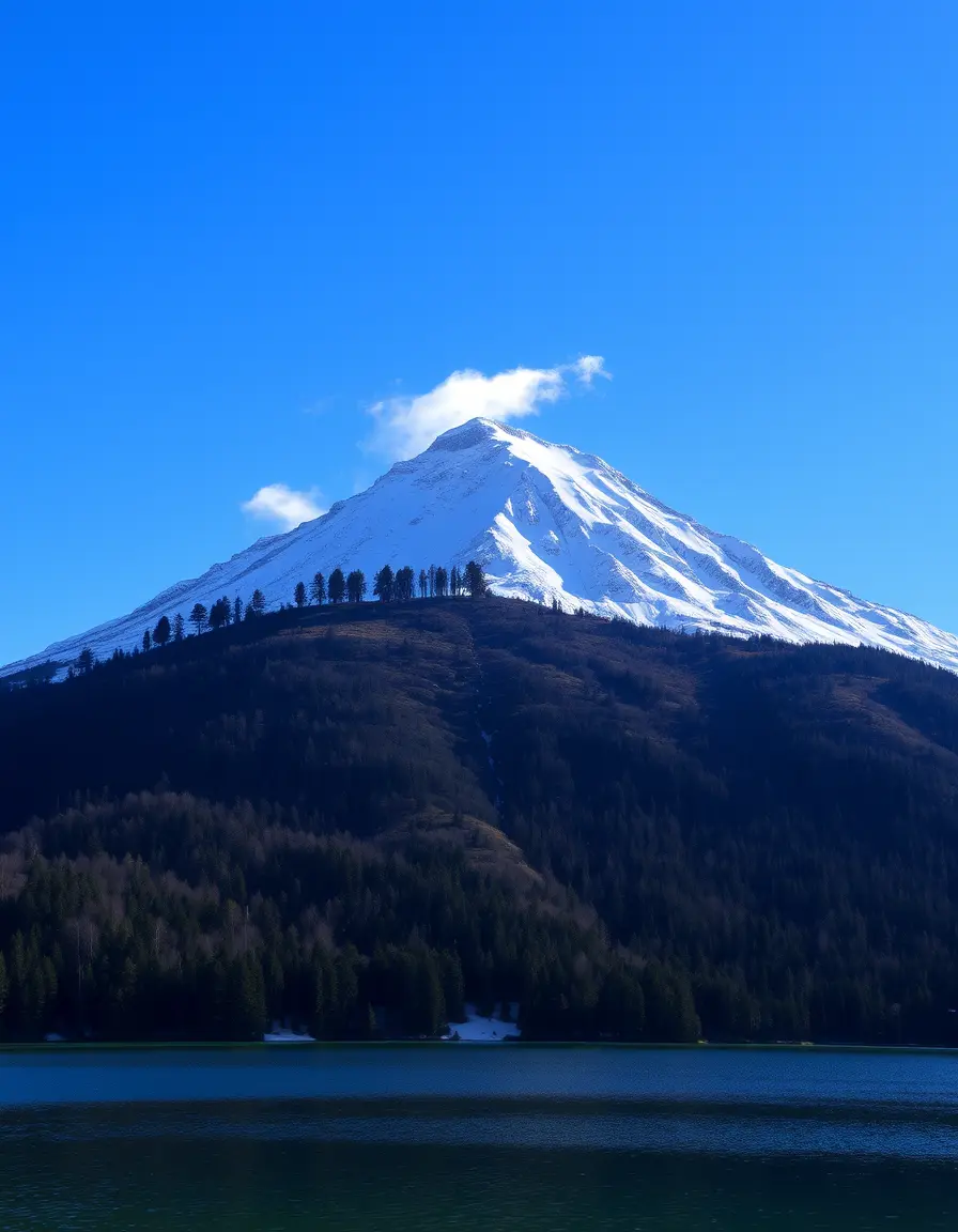 Snow-covered mountain peak above a calm lake under clear blue sky