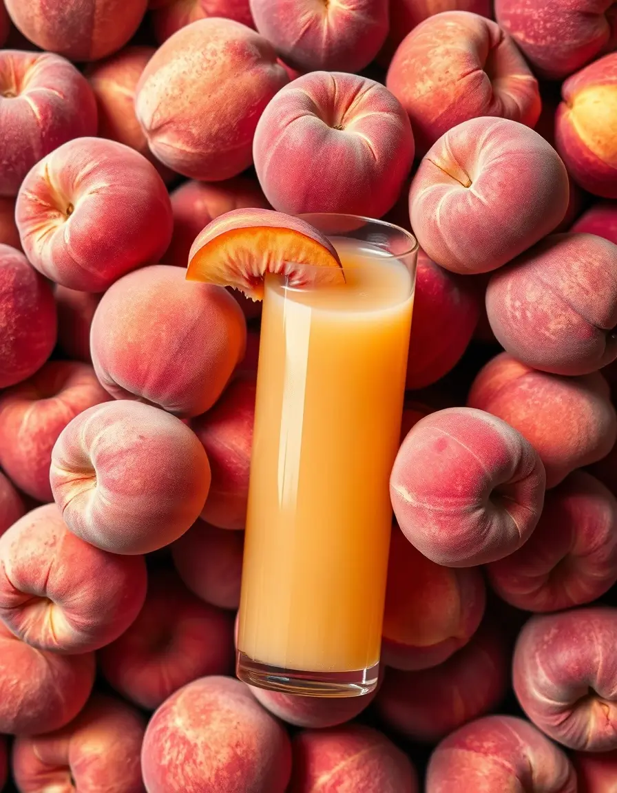 Frischer Pfirsichsaft im Glas, umgeben von reifen Pfirsichen