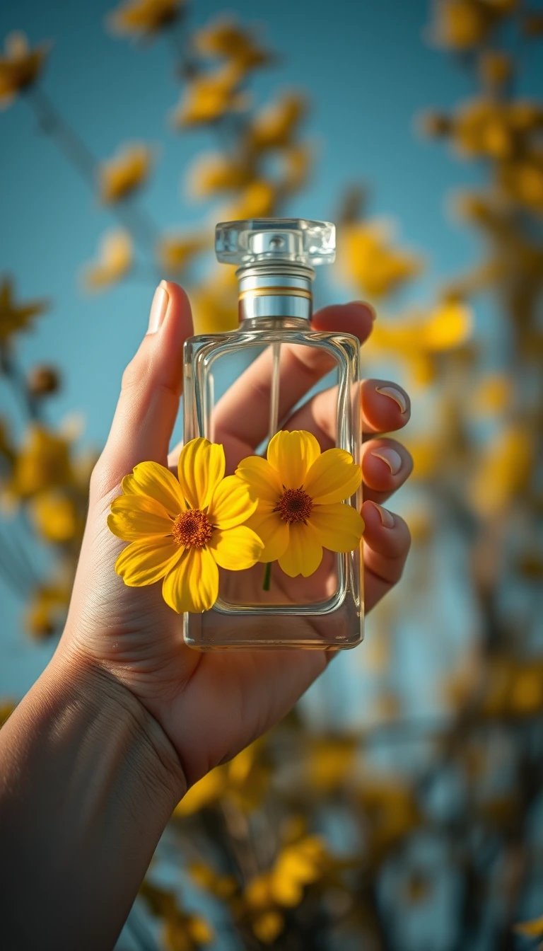 Blumiges Parfümfläschchen in der Hand, mit gelben Blumen und blauem Himmel im Hintergrund