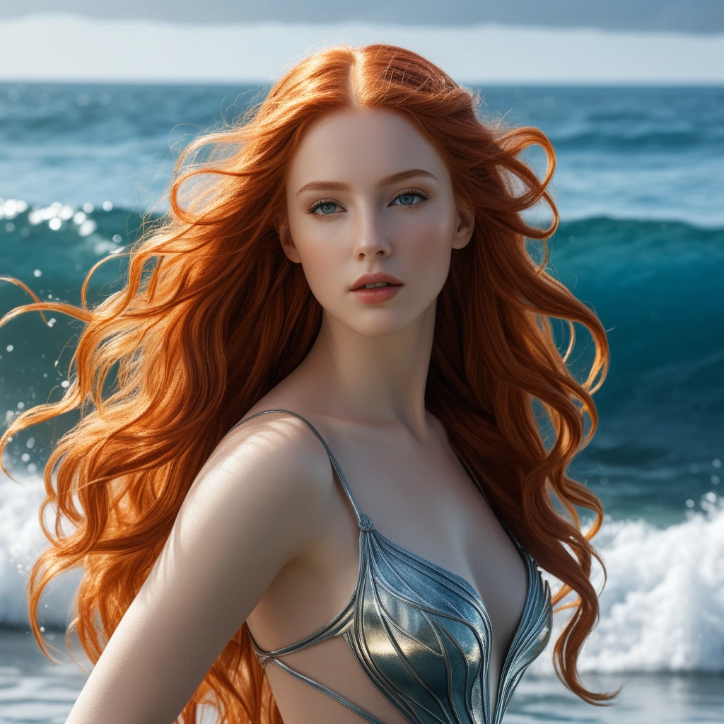 Realistische rothaarige Frau am Meer mit Wellen im Hintergrund
