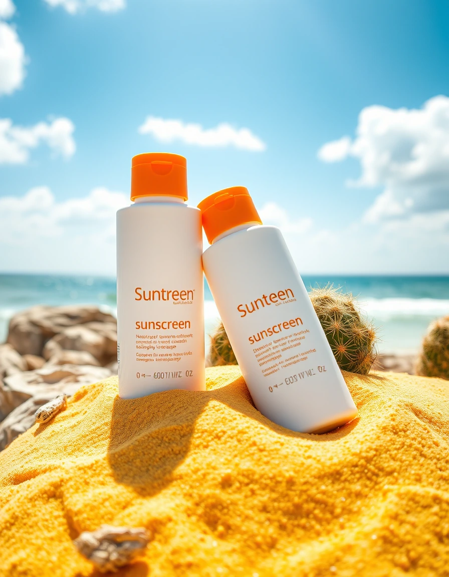 Sonnencremeflaschen auf einem Strandtuch mit Meer und sonnigem Himmel im Hintergrund