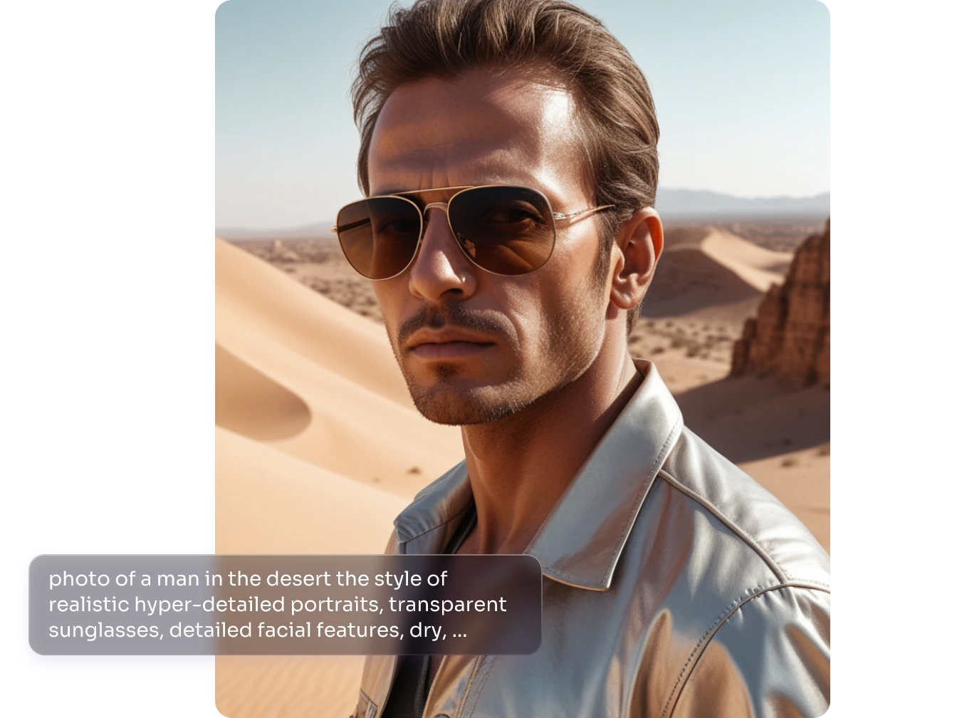 Realistisches Porträt eines stylischen Mannes mit Sonnenbrille in der Wüste