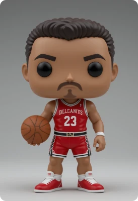 Figurine Funko Pop de star du basket en tenue rouge tenant un ballon
