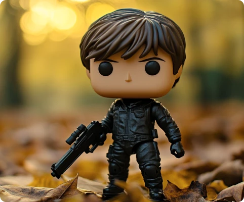 Figurine Funko Pop d’action, homme aux cheveux noirs tenant une arme en extérieur