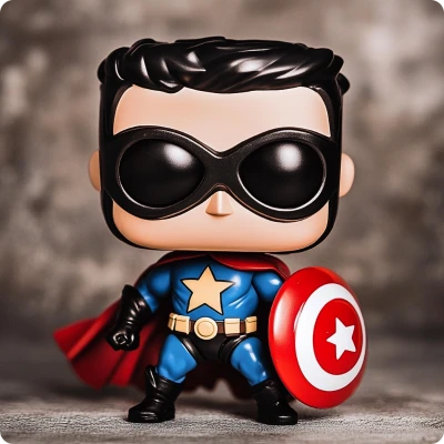 Figurine Funko Pop de super-héros futuriste avec masque noir et yeux orange lumineux